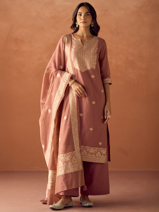 Dhiyona FL Women Dusty Pink Cotton Blend Jacquard Woven Kurta Set with Dupatta