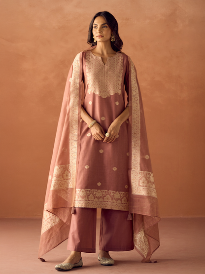 Dhiyona FL Women Dusty Pink Cotton Blend Jacquard Woven Kurta Set with Dupatta