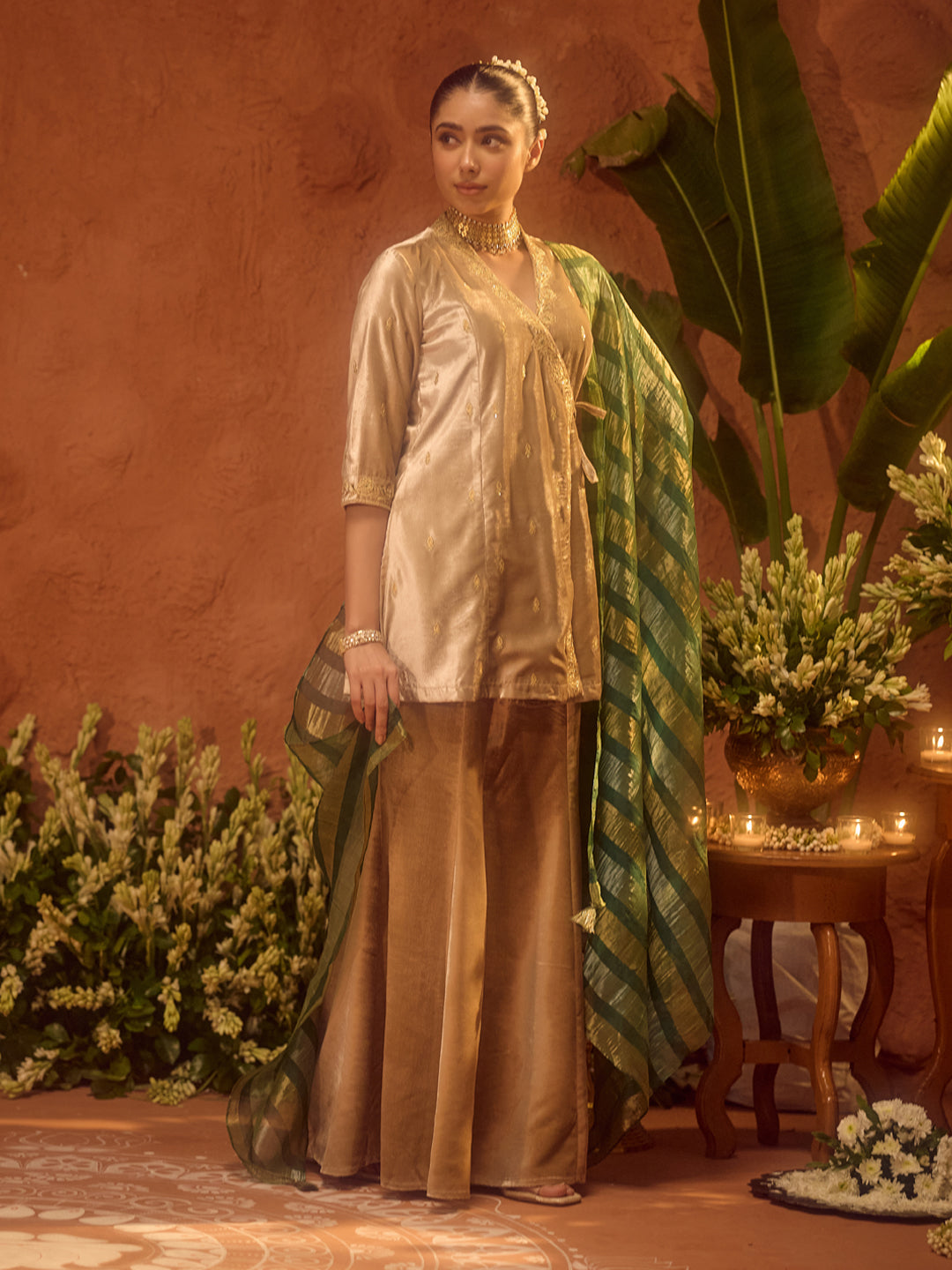 Dhiyona FL Women Beige Ice Velvet Embroidered Kurta Set with Dupatta