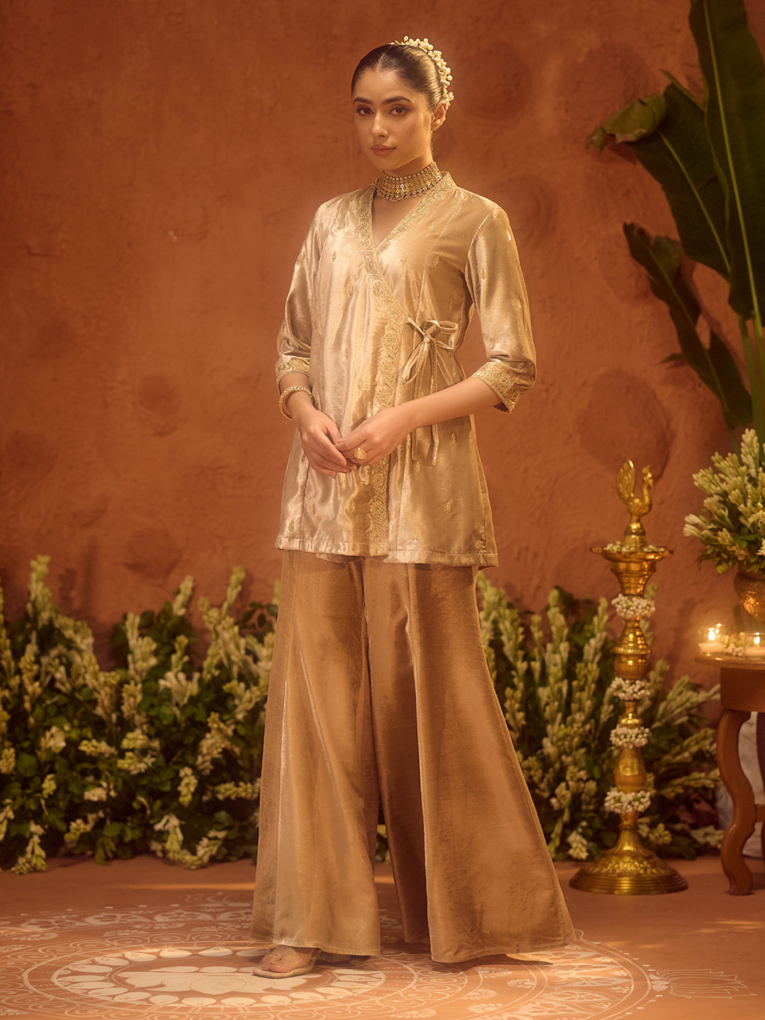 Dhiyona FL Women Beige Ice Velvet Embroidered Kurta Set with Dupatta