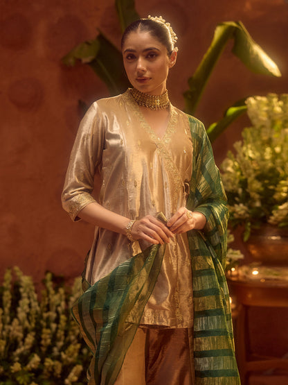 Dhiyona FL Women Beige Ice Velvet Embroidered Kurta Set with Dupatta