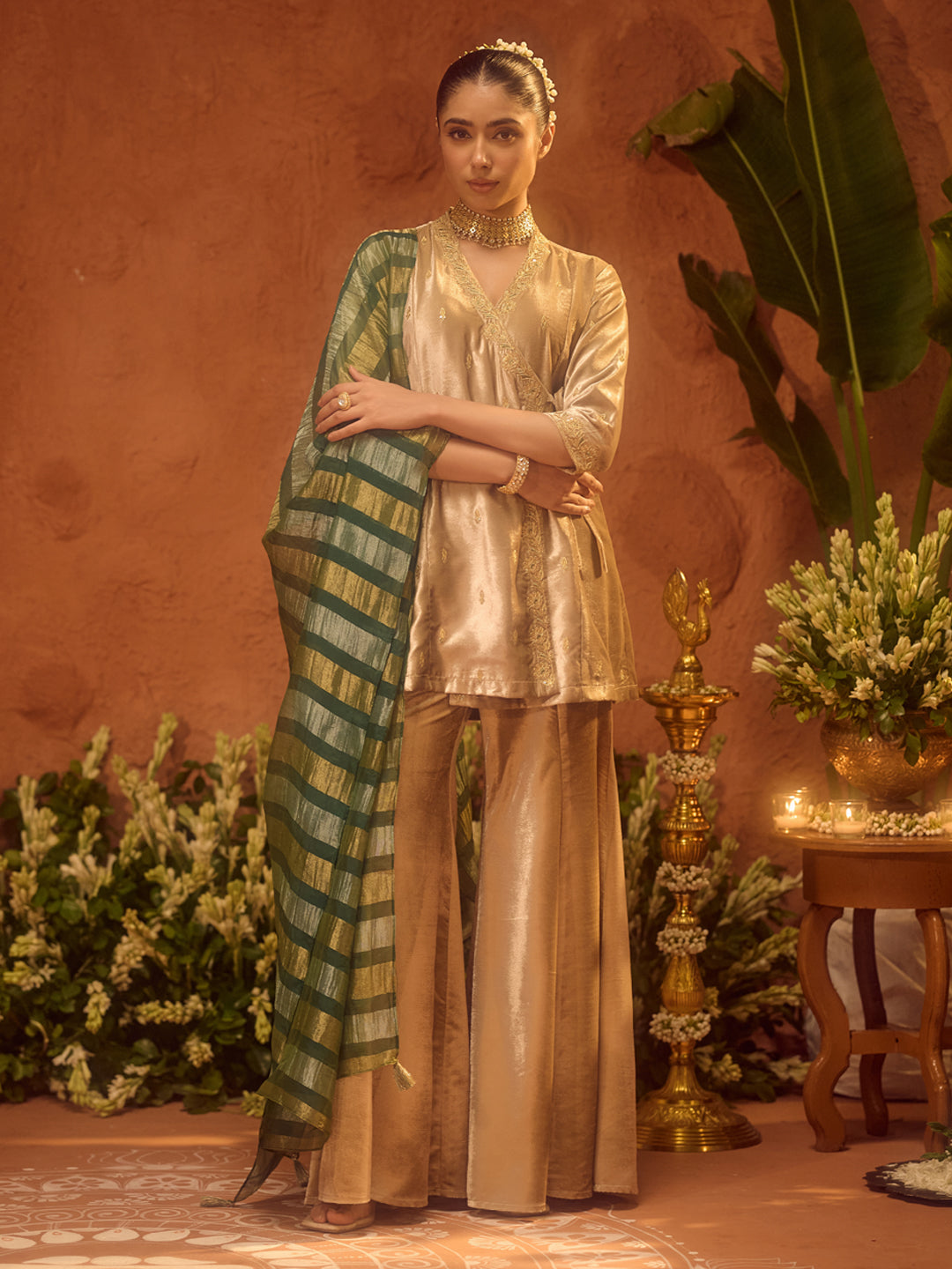 Dhiyona FL Women Beige Ice Velvet Embroidered Kurta Set with Dupatta