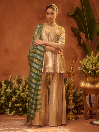 Dhiyona FL Women Beige Ice Velvet Embroidered Kurta Set with Dupatta
