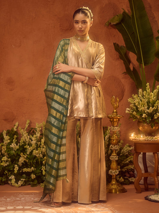 Dhiyona FL Women Beige Ice Velvet Embroidered Kurta Set with Dupatta