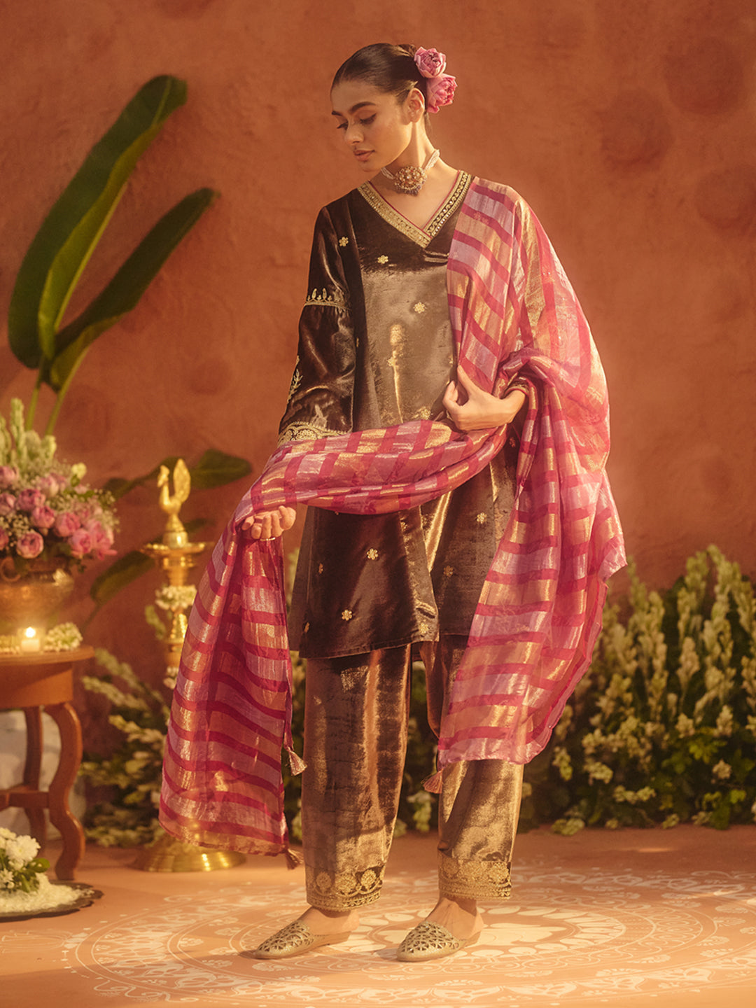 Dhiyona FL Women Brown Ice Velvet Embroidered Kurta Set with Dupatta