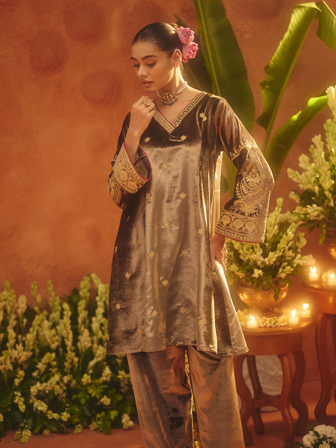 Dhiyona FL Women Brown Ice Velvet Embroidered Kurta Set with Dupatta