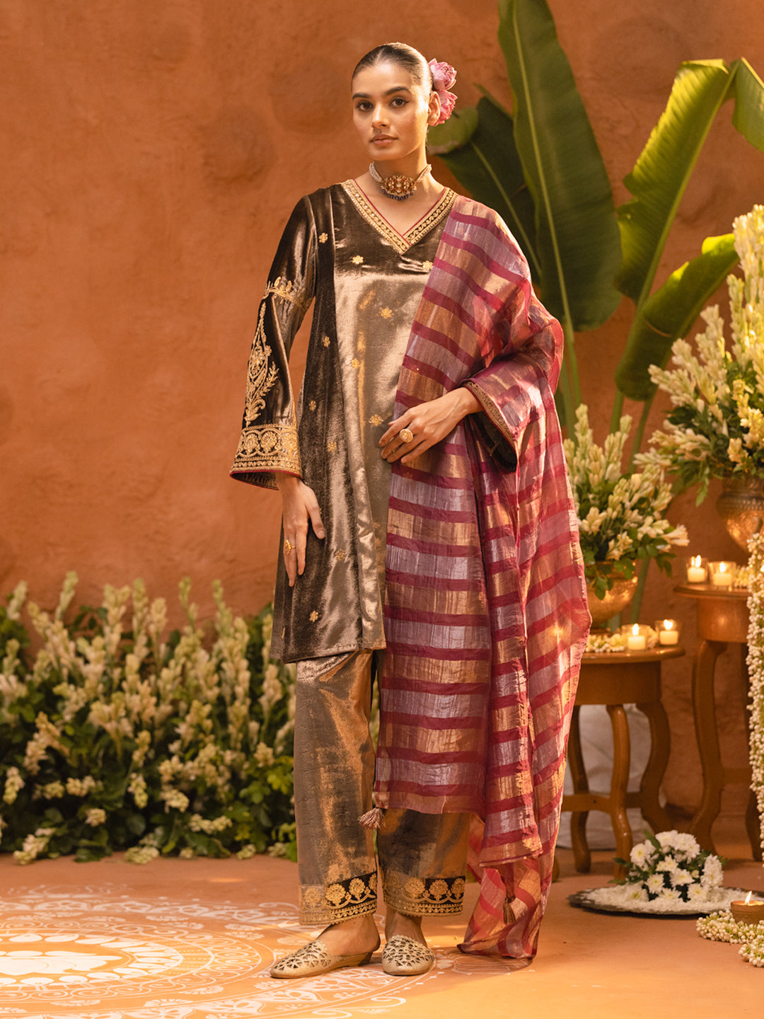 Dhiyona FL Women Brown Ice Velvet Embroidered Kurta Set with Dupatta
