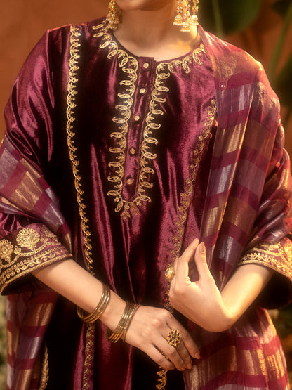 Dhiyona FL Women Wine Ice Velvet Embroidered Kurta Set with Dupatta