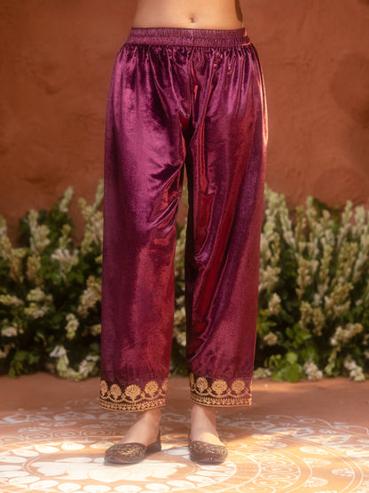 Dhiyona FL Women Wine Ice Velvet Embroidered Kurta Set with Dupatta