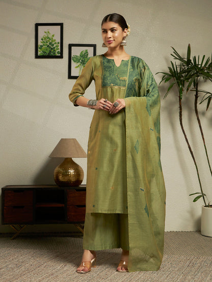 Dhiyona FL Women Green Cotton Blend Jacquard Woven Kurta Set with Dupatta