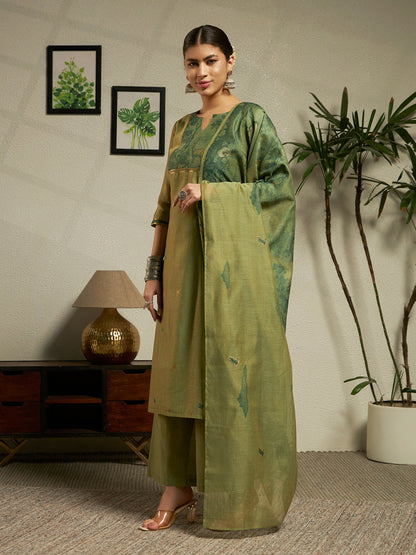 Dhiyona FL Women Green Cotton Blend Jacquard Woven Kurta Set with Dupatta