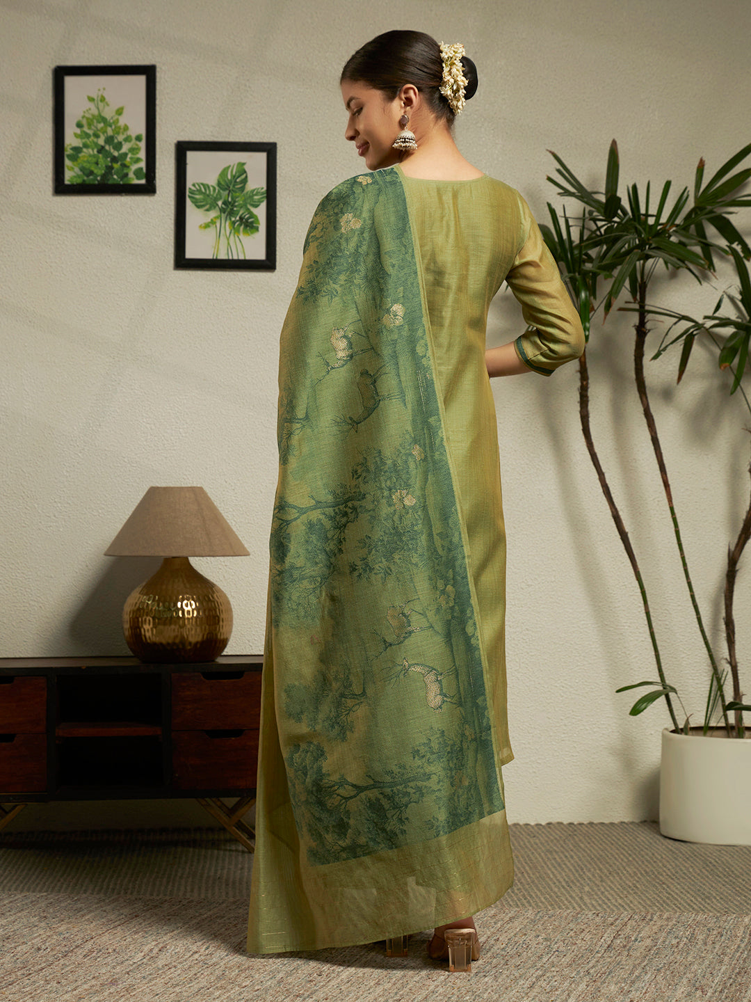 Dhiyona FL Women Green Cotton Blend Jacquard Woven Kurta Set with Dupatta