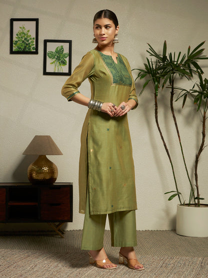 Dhiyona FL Women Green Cotton Blend Jacquard Woven Kurta Set with Dupatta