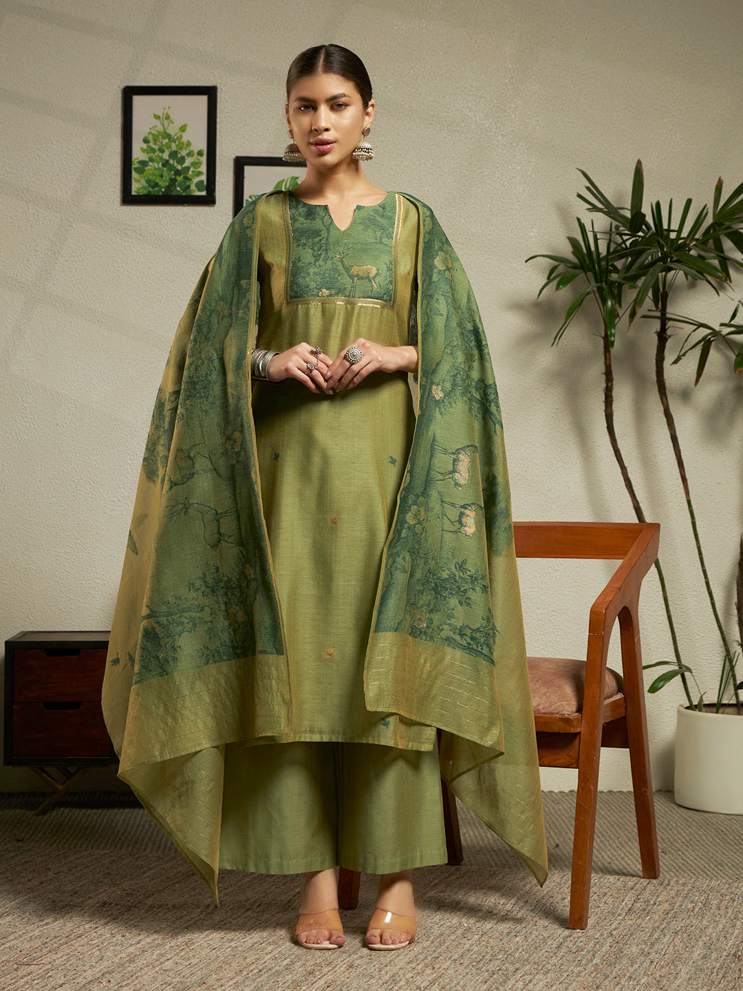 Dhiyona FL Women Green Cotton Blend Jacquard Woven Kurta Set with Dupatta