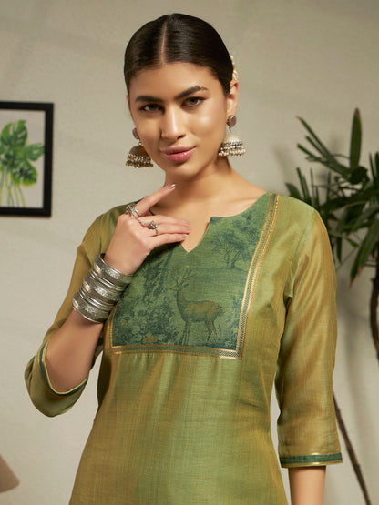 Dhiyona FL Women Green Cotton Blend Jacquard Woven Kurta Set with Dupatta
