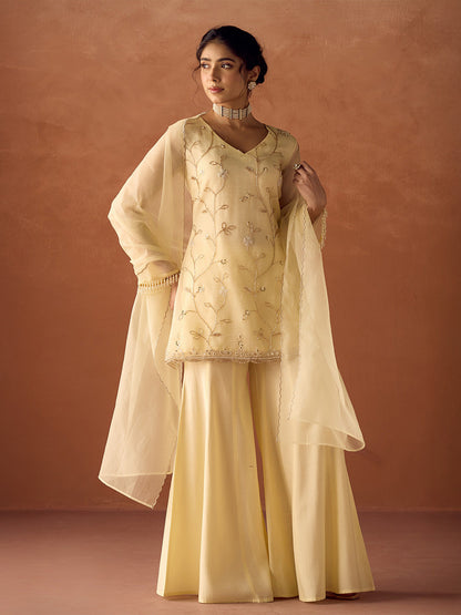Dhiyona FL Women Light Pastel Yellow Crush Organza Hand Work A Line Kurta Set with Dupatta