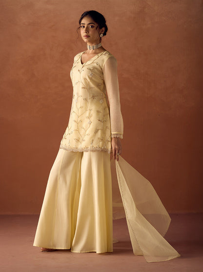 Dhiyona FL Women Light Pastel Yellow Crush Organza Hand Work A Line Kurta Set with Dupatta