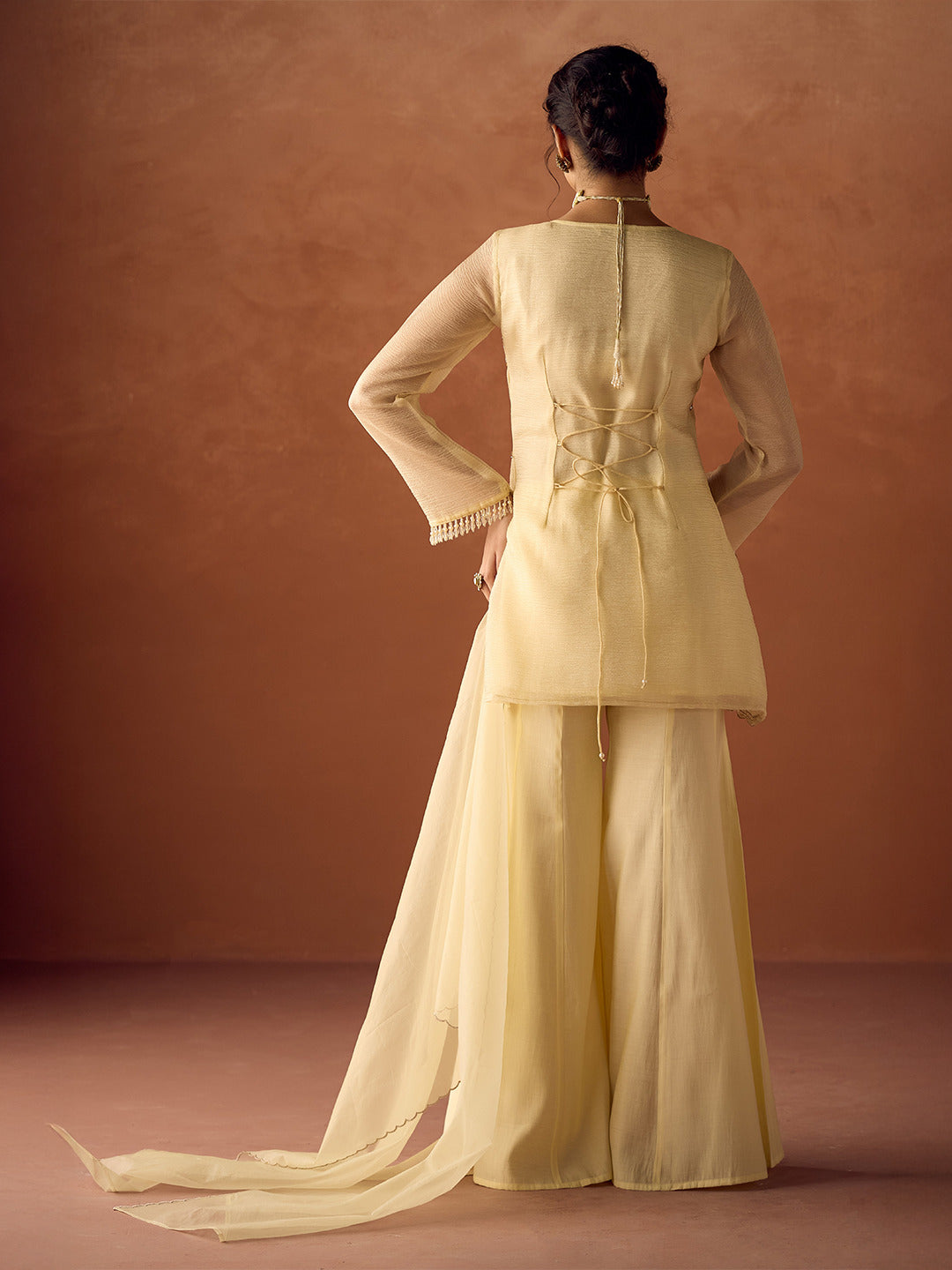 Dhiyona FL Women Light Pastel Yellow Crush Organza Hand Work A Line Kurta Set with Dupatta