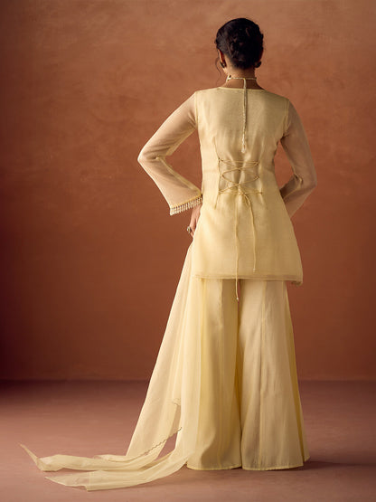 Dhiyona FL Women Light Pastel Yellow Crush Organza Hand Work A Line Kurta Set with Dupatta