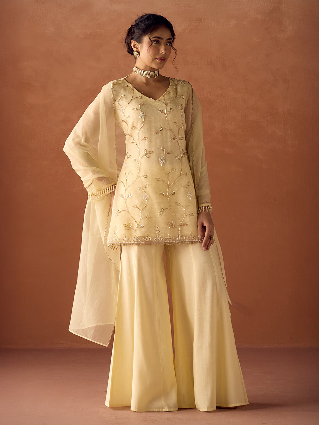 Dhiyona FL Women Light Pastel Yellow Crush Organza Hand Work A Line Kurta Set with Dupatta