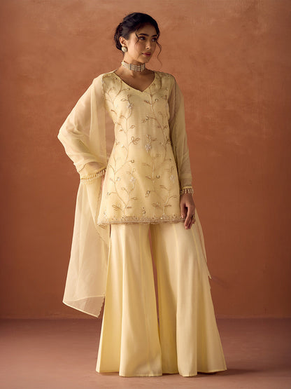 Dhiyona FL Women Light Pastel Yellow Crush Organza Hand Work A Line Kurta Set with Dupatta