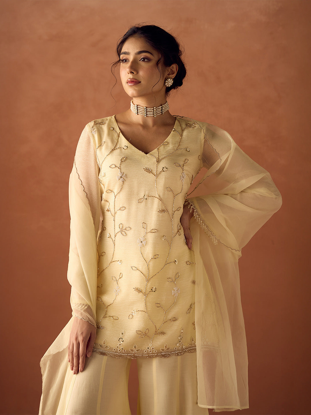 Dhiyona FL Women Light Pastel Yellow Crush Organza Hand Work A Line Kurta Set with Dupatta