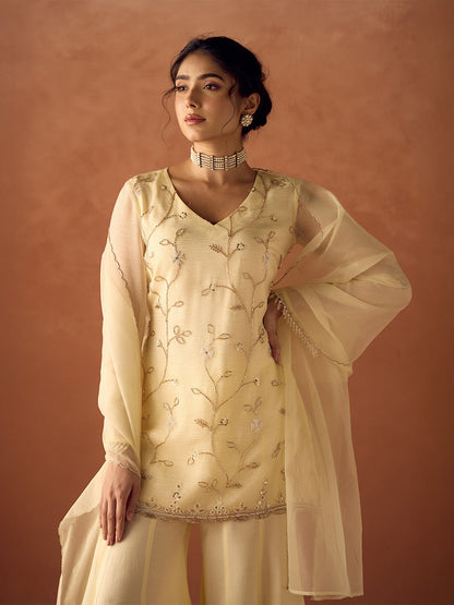 Dhiyona FL Women Light Pastel Yellow Crush Organza Hand Work A Line Kurta Set with Dupatta