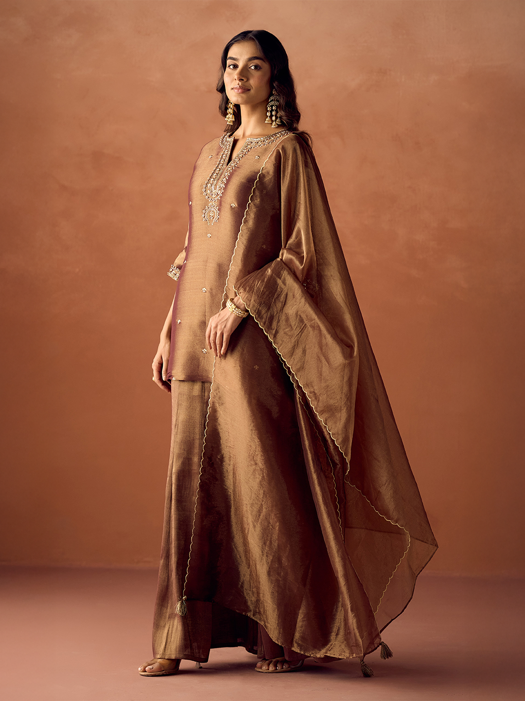 Dhiyona FL Women Brown Tissue Blend Hand Embroidered Kurta Set with Dupatta