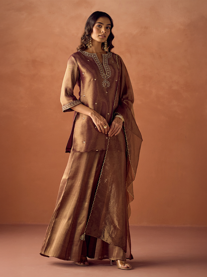 Dhiyona FL Women Brown Tissue Blend Hand Embroidered Kurta Set with Dupatta