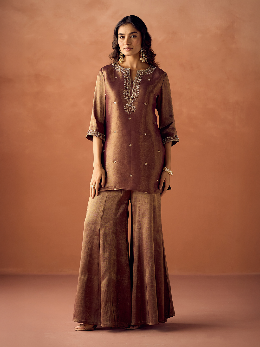 Dhiyona FL Women Brown Tissue Blend Hand Embroidered Kurta Set with Dupatta
