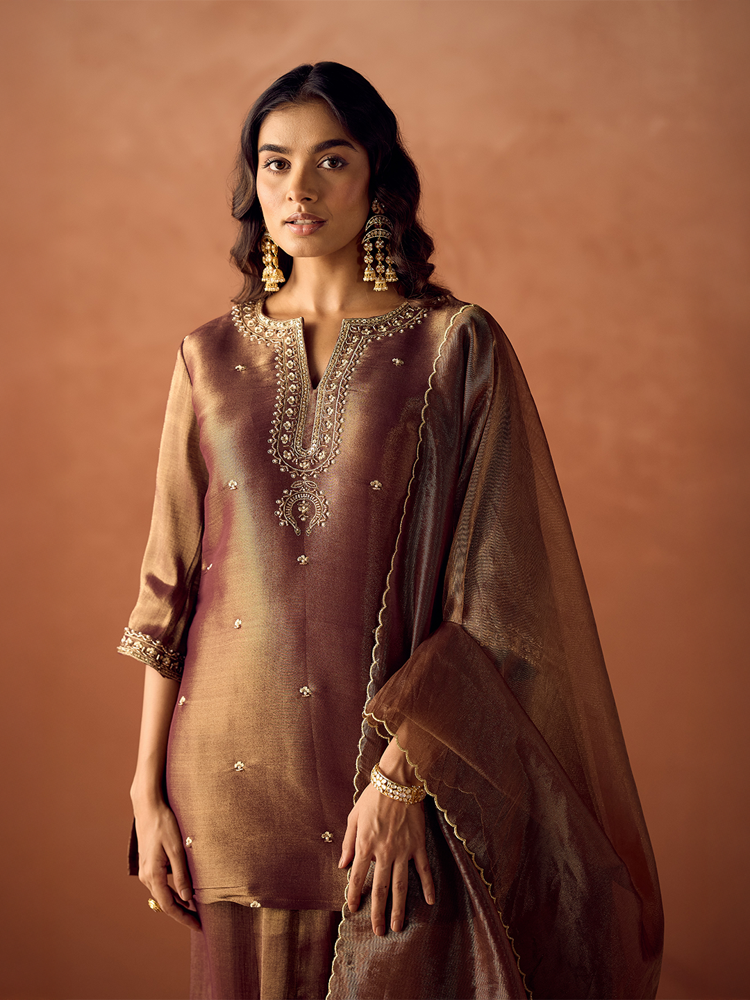 Dhiyona FL Women Brown Tissue Blend Hand Embroidered Kurta Set with Dupatta