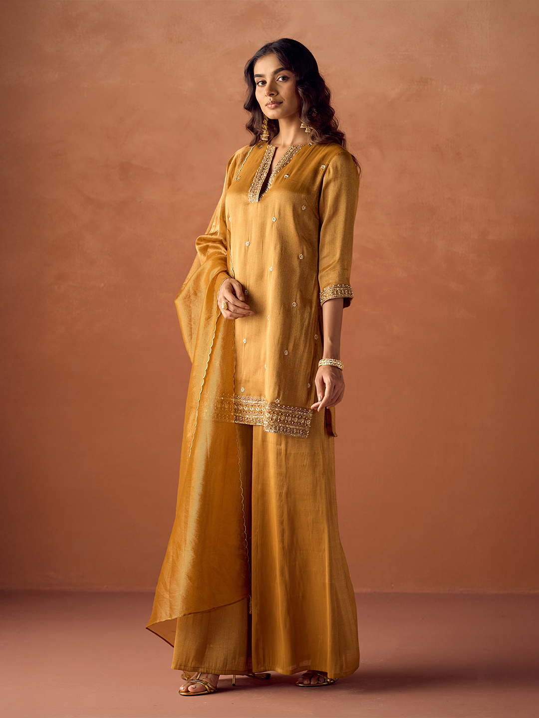 Dhiyona FL Women Mustard Tissue Blend Hand Embroidered Kurta Set with Dupatta