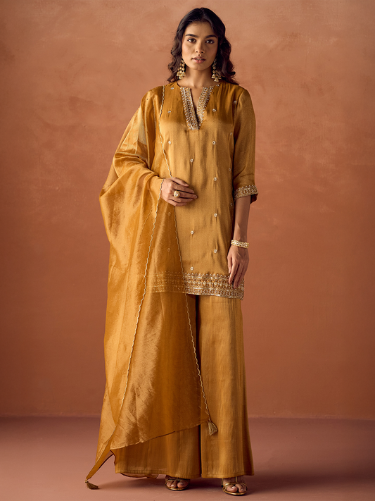Dhiyona FL Women Mustard Tissue Blend Hand Embroidered Kurta Set with Dupatta