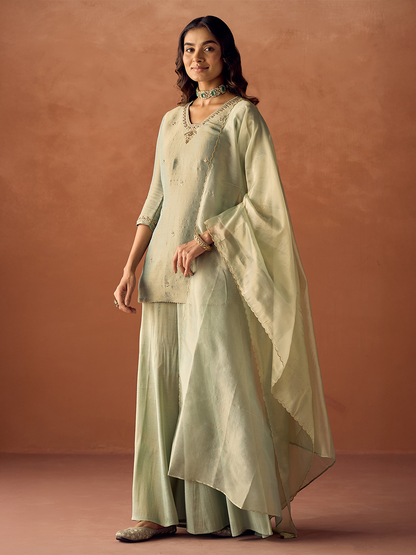 Dhiyona FL Women Pista Green Tissue Blend Hand Embroidered Kurta Set with Dupatta