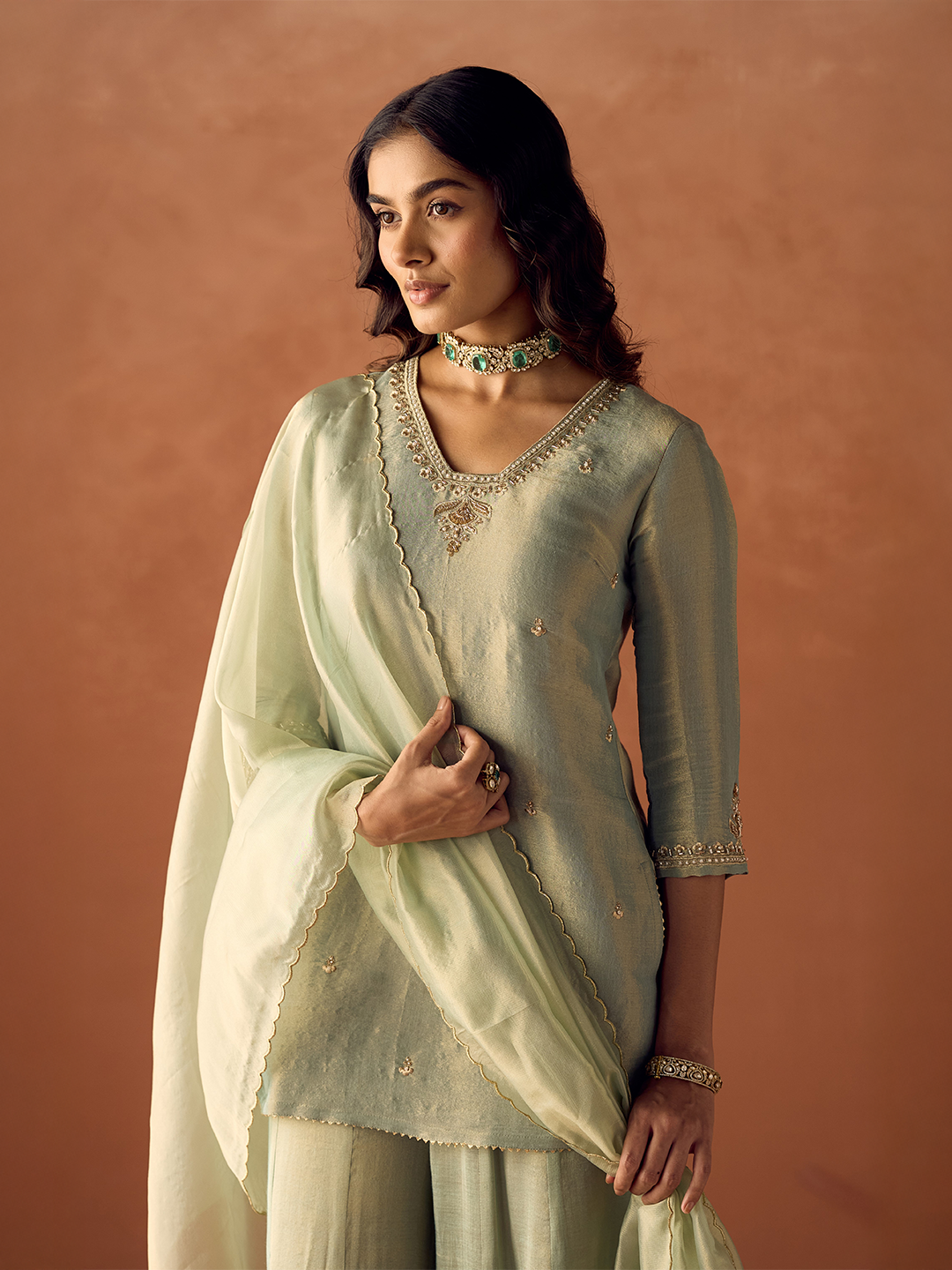Dhiyona FL Women Pista Green Tissue Blend Hand Embroidered Kurta Set with Dupatta