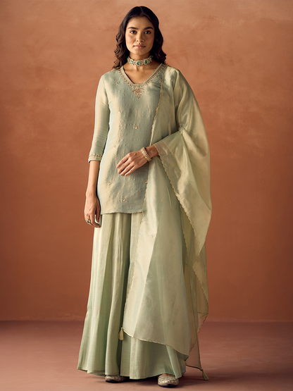 Dhiyona FL Women Pista Green Tissue Blend Hand Embroidered Kurta Set with Dupatta
