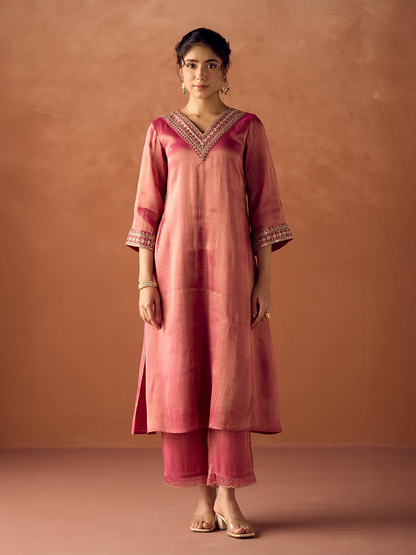 Dhiyona FL Women Rose Pink Tissue Blend Hand Embroidered Kurta Set with Dupatta