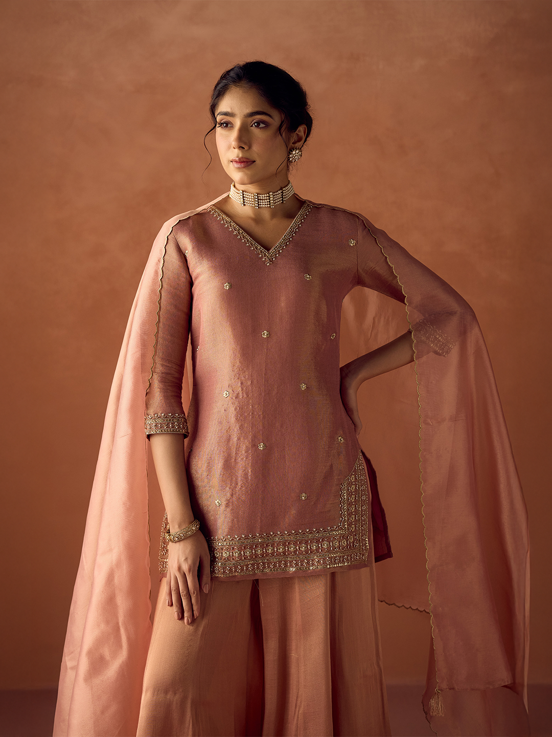 Dhiyona FL Women Peach Tissue Blend Hand Embroidered Kurta Set with Dupatta