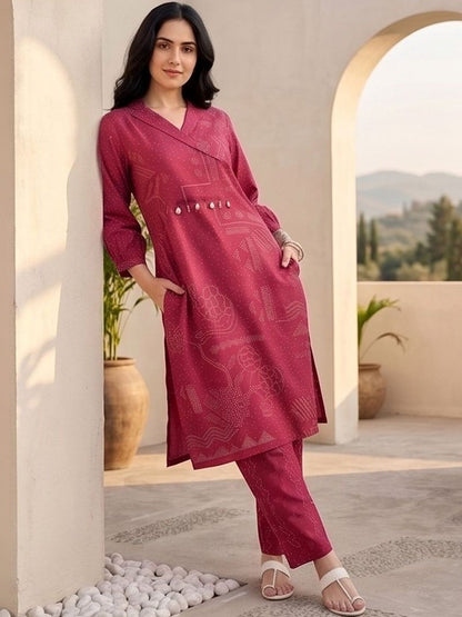 Maroon Women Ethnic Motifs Printed Angrakha Thread Work Chanderi Silk Kurta with Trousers