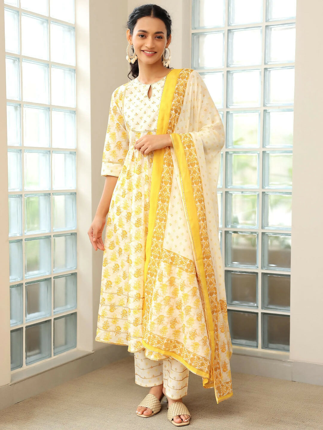 Women's LB Mustard Printed Cotton Anarkali Suit With Dupatta