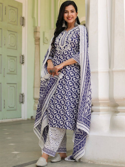 Dhiyona RR Women's Printed Pure Cotton Kurta with Trousers & With Dupatta