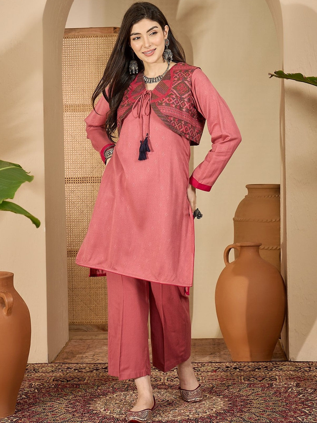 Winter Ethnic Fusion three-Piece kurta Set with Tassel-Tie Jacquard Jacket