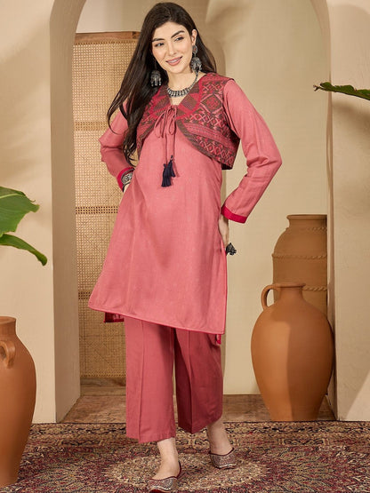 Winter Ethnic Fusion three-Piece kurta Set with Tassel-Tie Jacquard Jacket