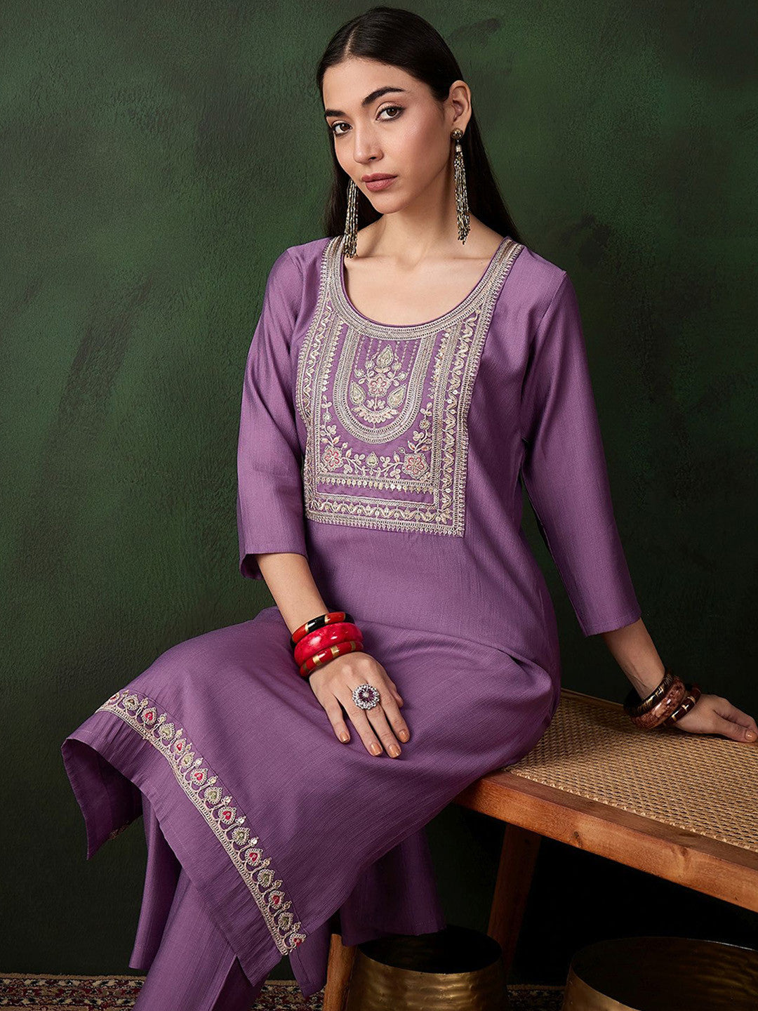Women Ethnic Motifs Solid Kurta with Trousers