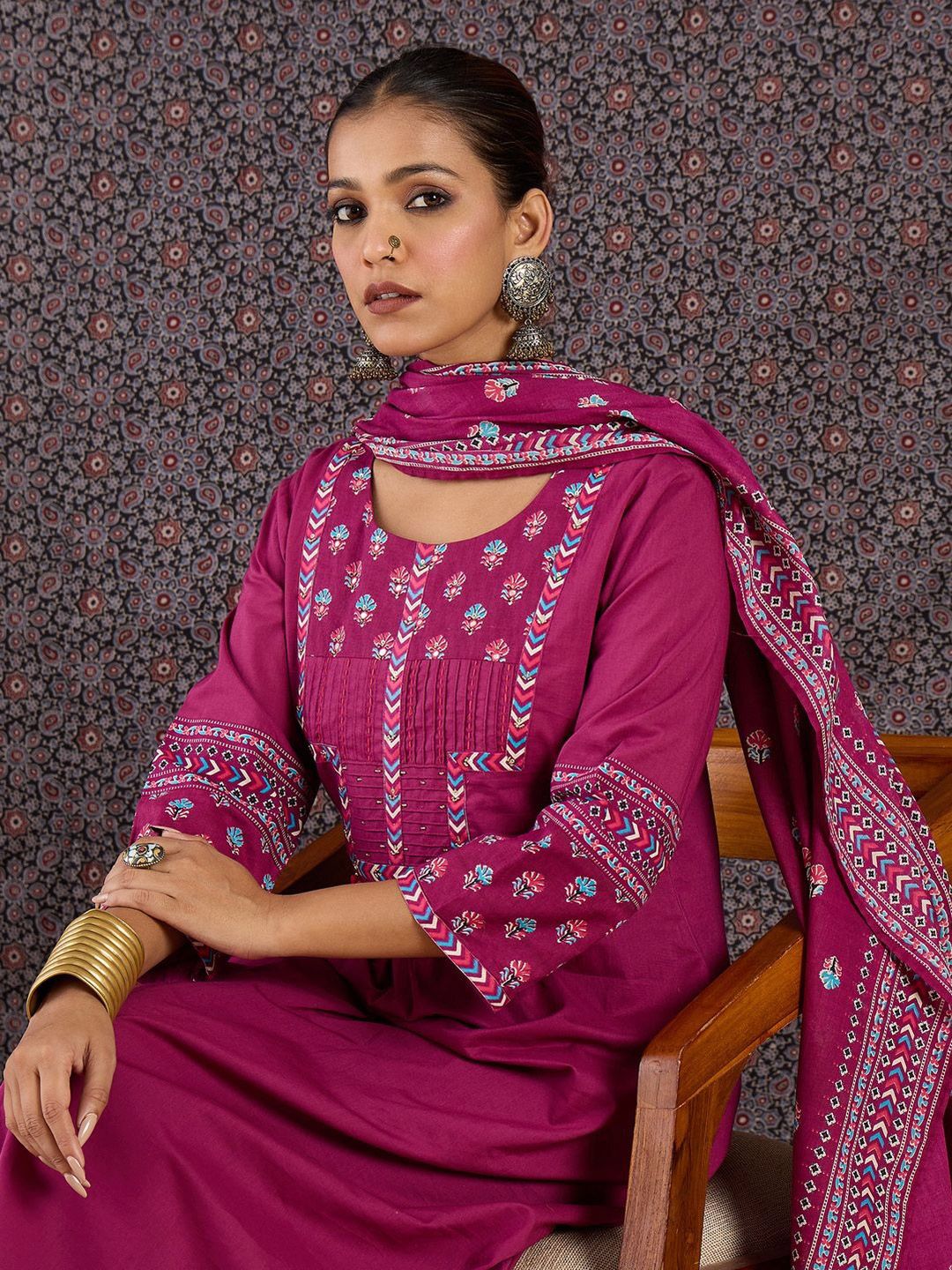 Women Ethnic Motifs Printed Pleated Thread Work Pure Cotton Kurta with Trousers & With Dupatta