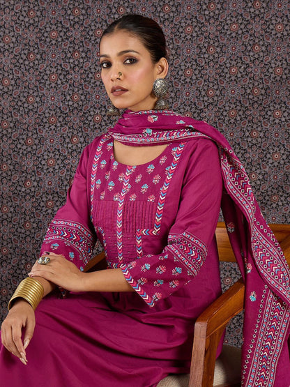 Women Ethnic Motifs Printed Pleated Thread Work Pure Cotton Kurta with Trousers & With Dupatta