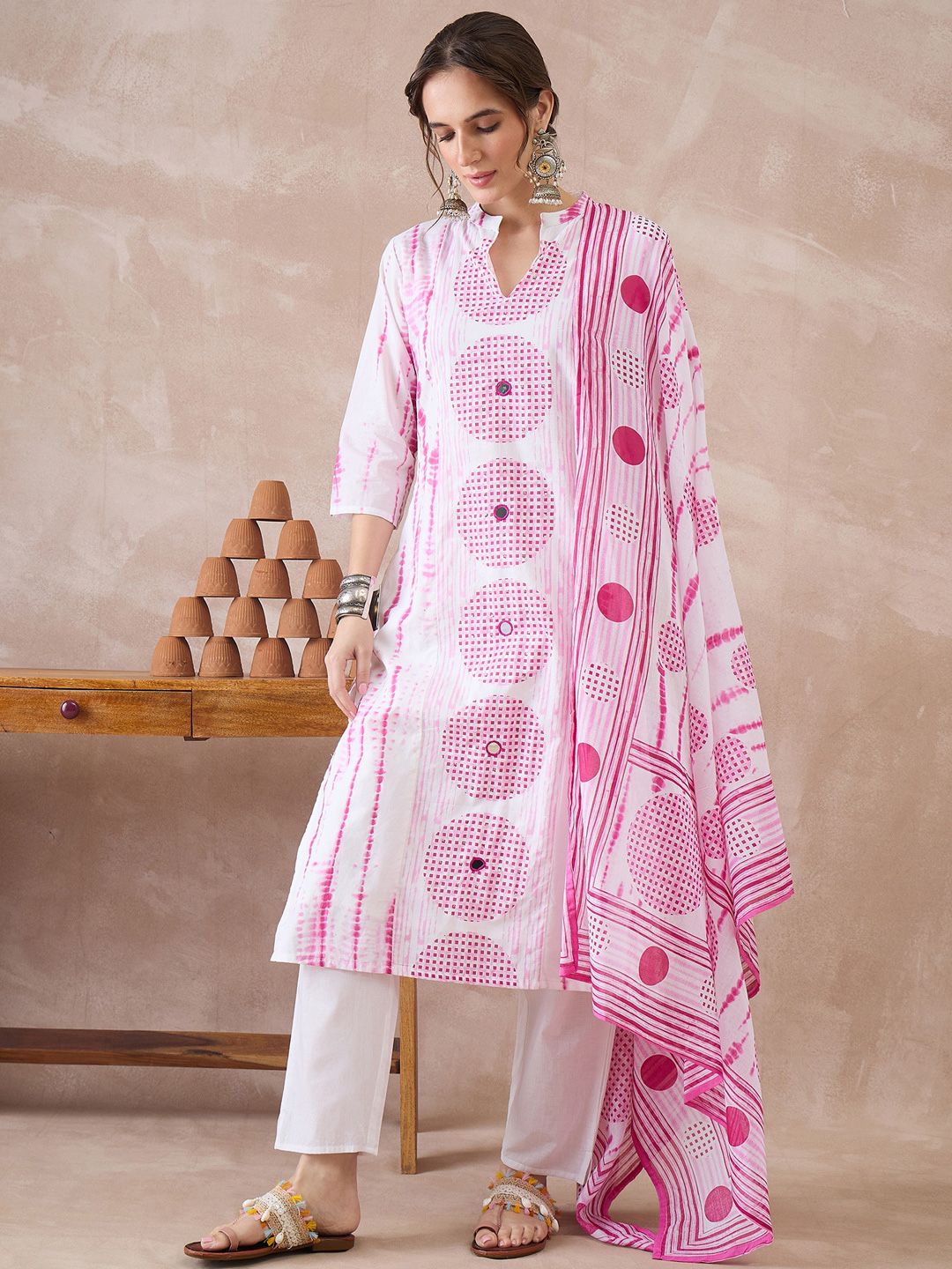 Dhiyona IE Women Dyed Regular Pure Cotton Kurta with Trousers & With Dupatta
