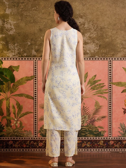 Printed Pure Cotton V-Neck Kurta & Trousers