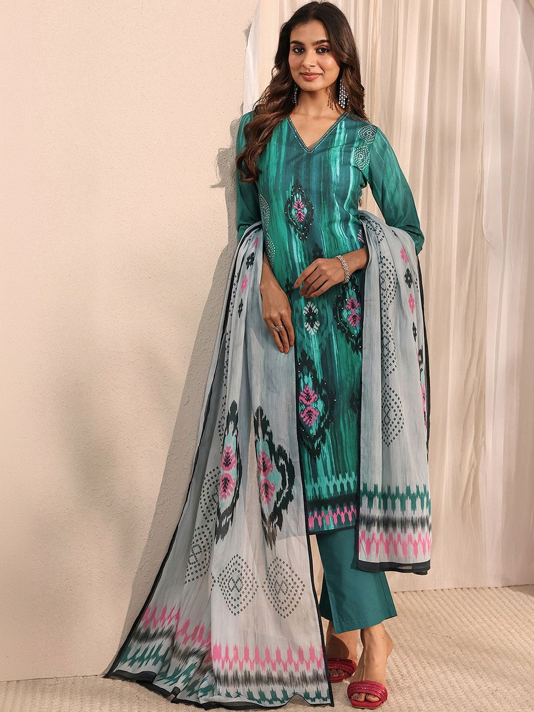 Green Abstract Printed Straight Suit Set with Dupatta