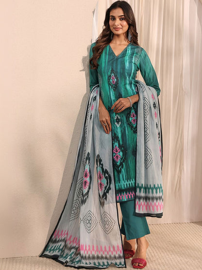 Green Abstract Printed Straight Suit Set with Dupatta